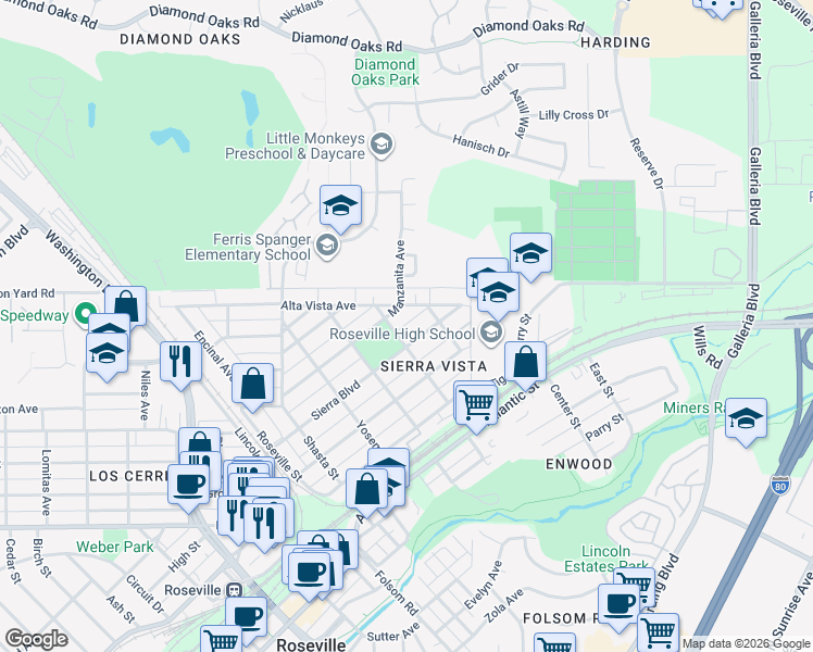 map of restaurants, bars, coffee shops, grocery stores, and more near 512 Manzanita Avenue in Roseville