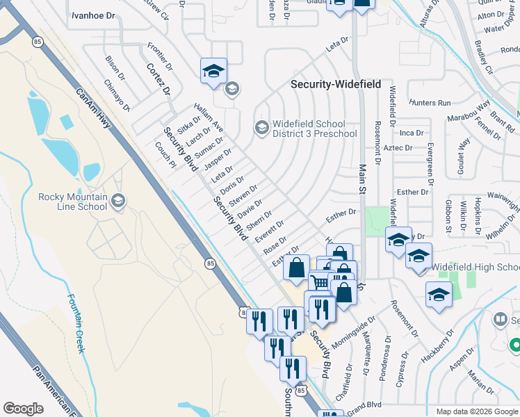 map of restaurants, bars, coffee shops, grocery stores, and more near 137 Davie Drive in Colorado Springs
