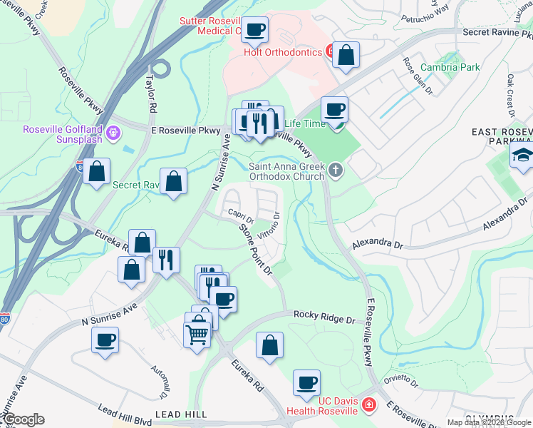 map of restaurants, bars, coffee shops, grocery stores, and more near 2129 Capri Drive in Roseville