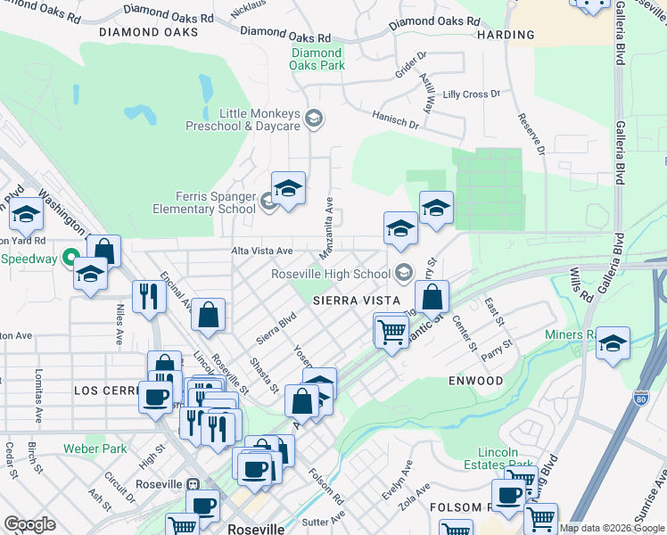 map of restaurants, bars, coffee shops, grocery stores, and more near 512 Manzanita Avenue in Roseville