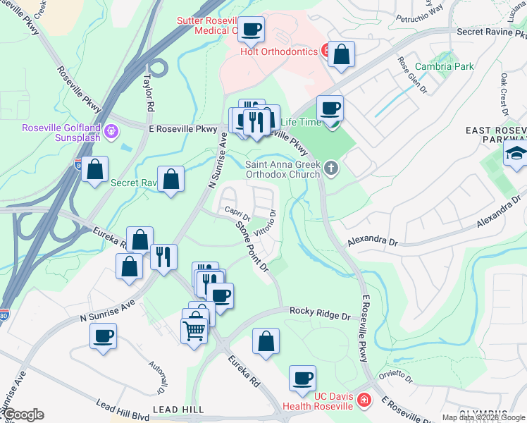 map of restaurants, bars, coffee shops, grocery stores, and more near 2129 Capri Drive in Roseville