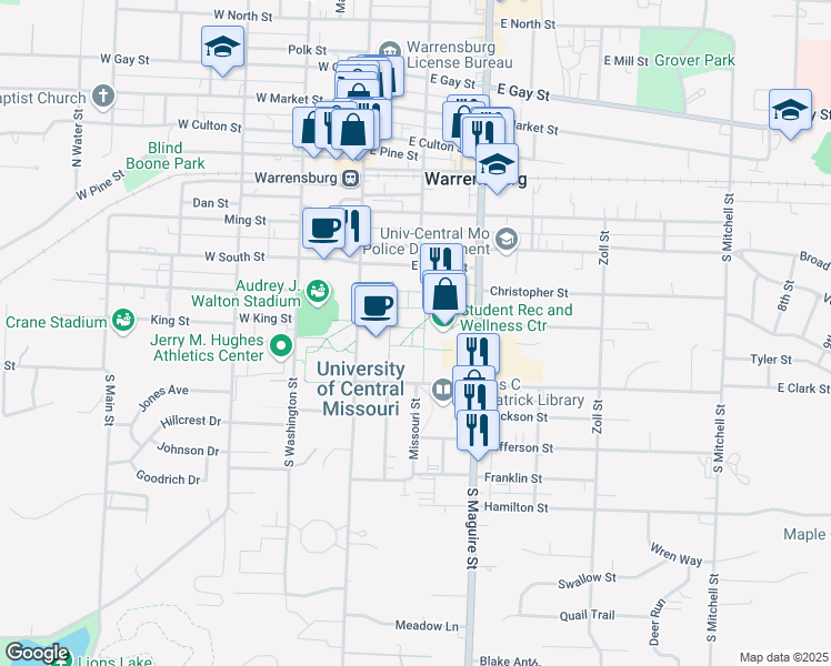map of restaurants, bars, coffee shops, grocery stores, and more near 108 West South Street in Warrensburg