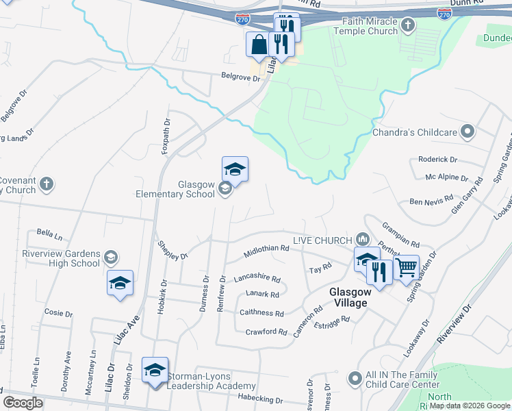 map of restaurants, bars, coffee shops, grocery stores, and more near 10523 Prestwick Drive in St. Louis
