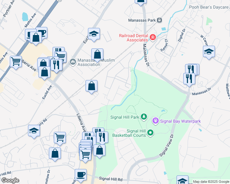 map of restaurants, bars, coffee shops, grocery stores, and more near 9166 Wyche Knoll Lane in Manassas