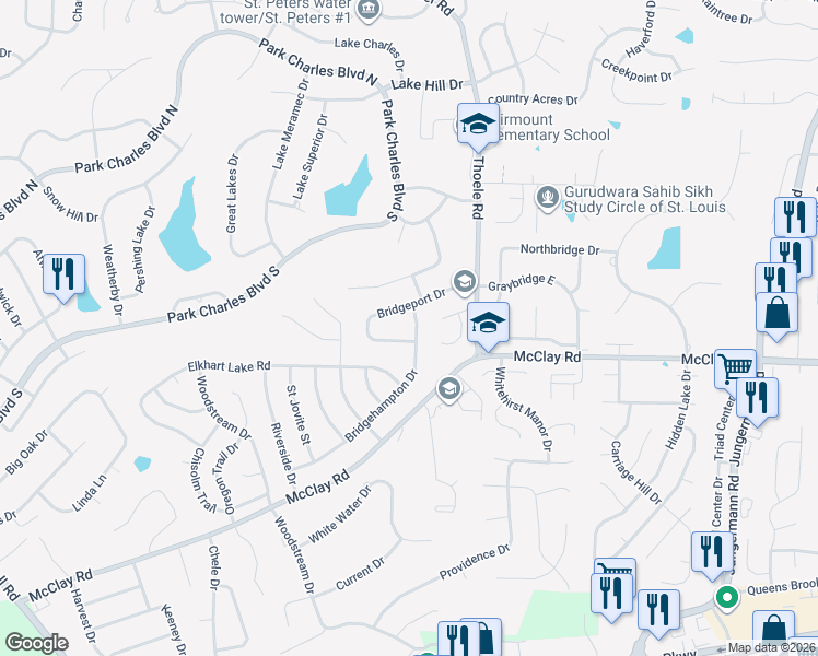 map of restaurants, bars, coffee shops, grocery stores, and more near 4094 Bridgehampton Drive in Saint Charles