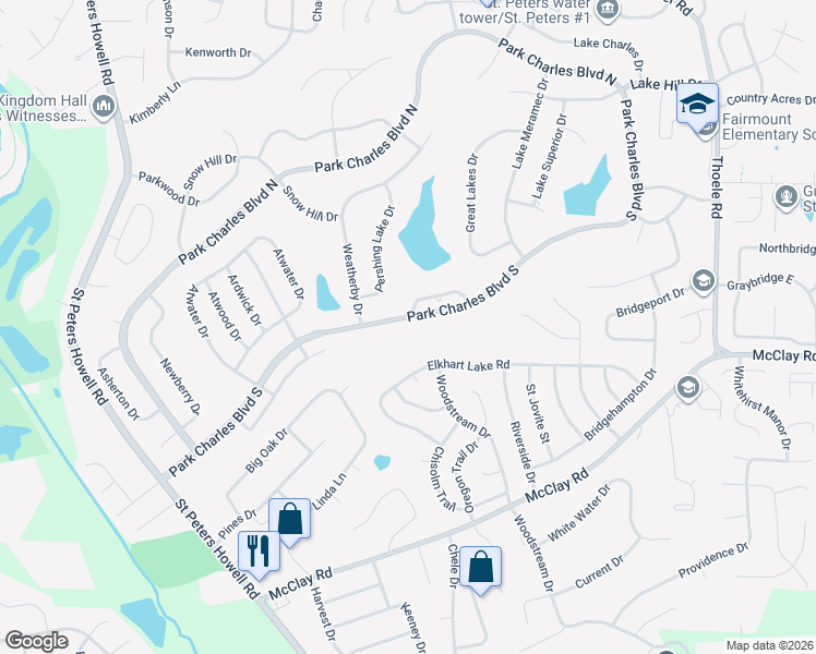 map of restaurants, bars, coffee shops, grocery stores, and more near 108 Park Charles Boulevard South in St. Peters