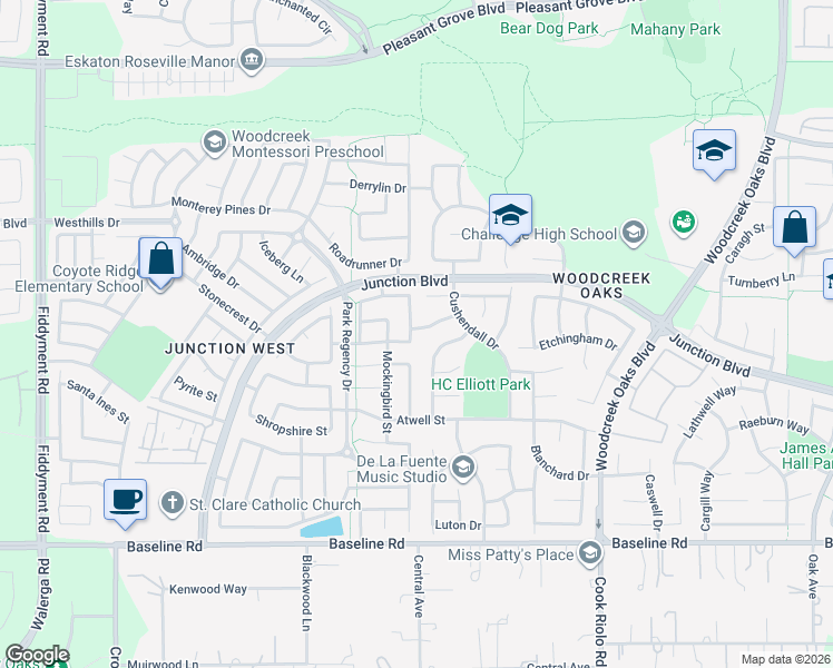 map of restaurants, bars, coffee shops, grocery stores, and more near 1784 Grouse Run Circle in Roseville