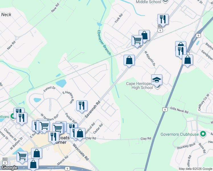 map of restaurants, bars, coffee shops, grocery stores, and more near 1403 Savannah Road in Lewes