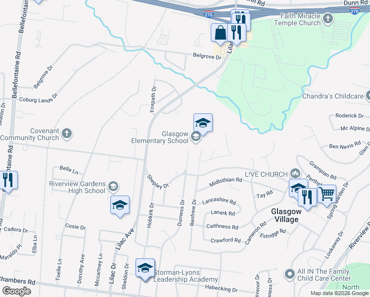 map of restaurants, bars, coffee shops, grocery stores, and more near 10545 Durness Drive in St. Louis