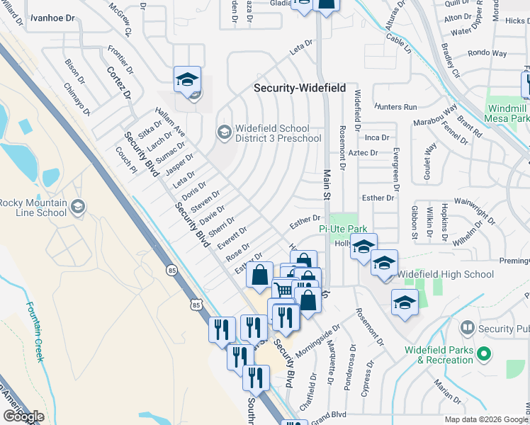 map of restaurants, bars, coffee shops, grocery stores, and more near 209 Everett Drive in Colorado Springs