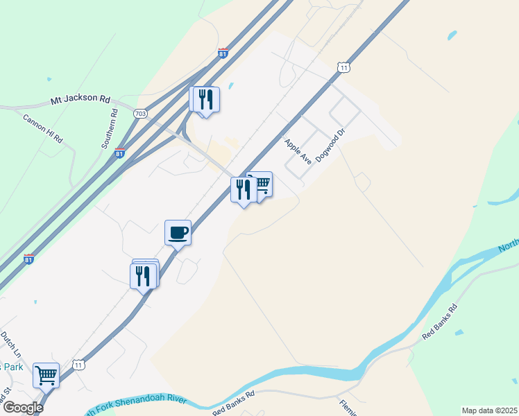 map of restaurants, bars, coffee shops, grocery stores, and more near 5300 Main Street in Mount Jackson