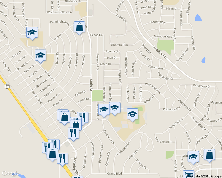 map of restaurants, bars, coffee shops, grocery stores, and more near 334 Iris Drive in Fountain