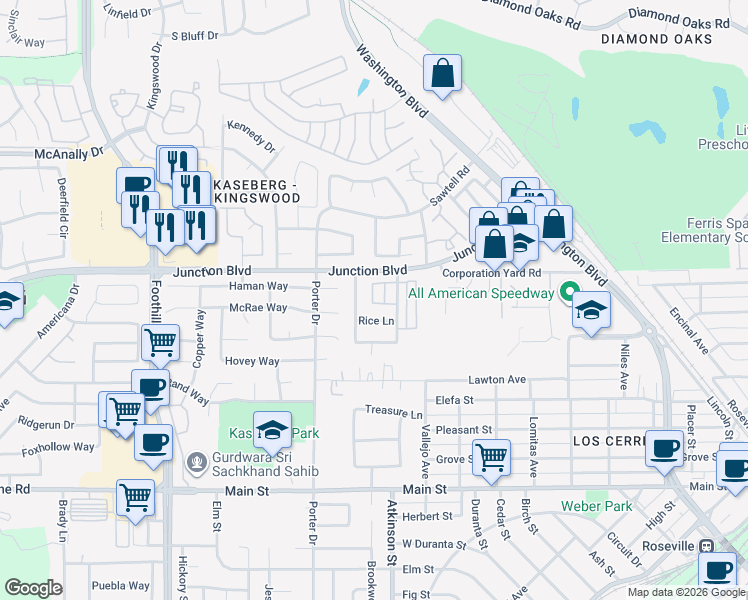 map of restaurants, bars, coffee shops, grocery stores, and more near 47 Marty Circle in Roseville