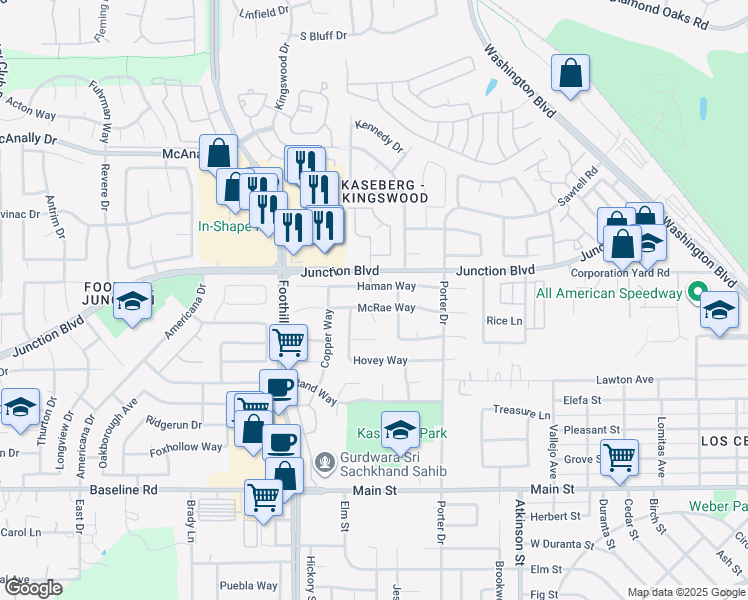 map of restaurants, bars, coffee shops, grocery stores, and more near 1029 Haman Way in Roseville