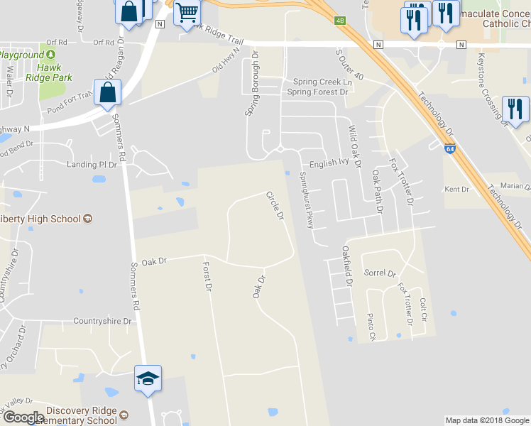 map of restaurants, bars, coffee shops, grocery stores, and more near 2296 Circle Drive in O'Fallon