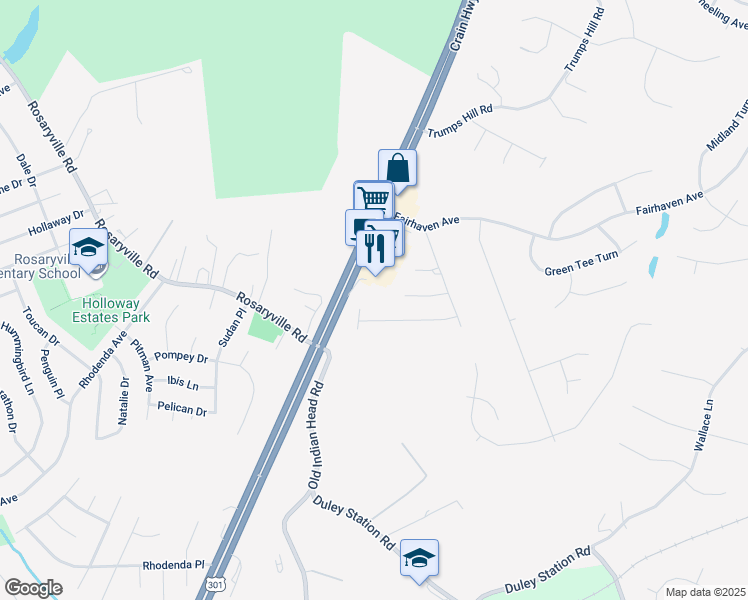 map of restaurants, bars, coffee shops, grocery stores, and more near 9590 Crain Highway in Upper Marlboro