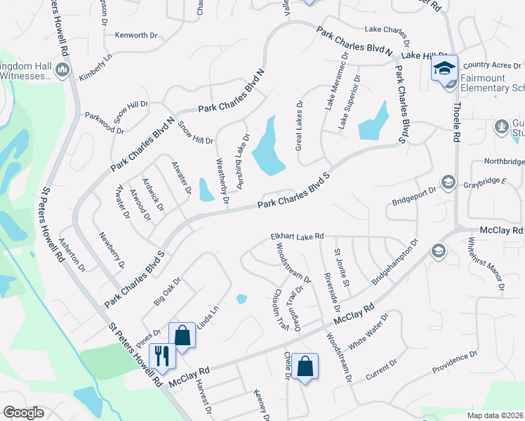 map of restaurants, bars, coffee shops, grocery stores, and more near 125 Park Charles Boulevard South in St. Peters