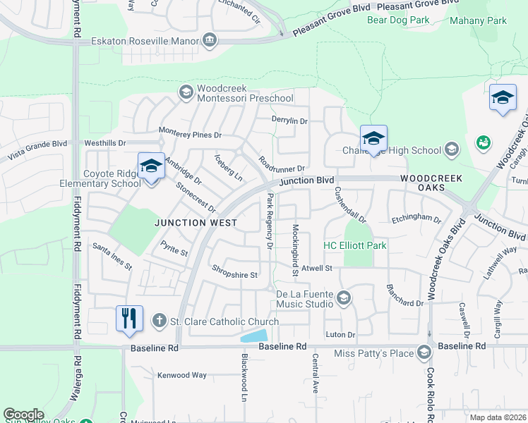 map of restaurants, bars, coffee shops, grocery stores, and more near 1732 Magenta Drive in Roseville