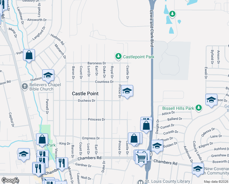 map of restaurants, bars, coffee shops, grocery stores, and more near 10329 Royal Drive in St. Louis