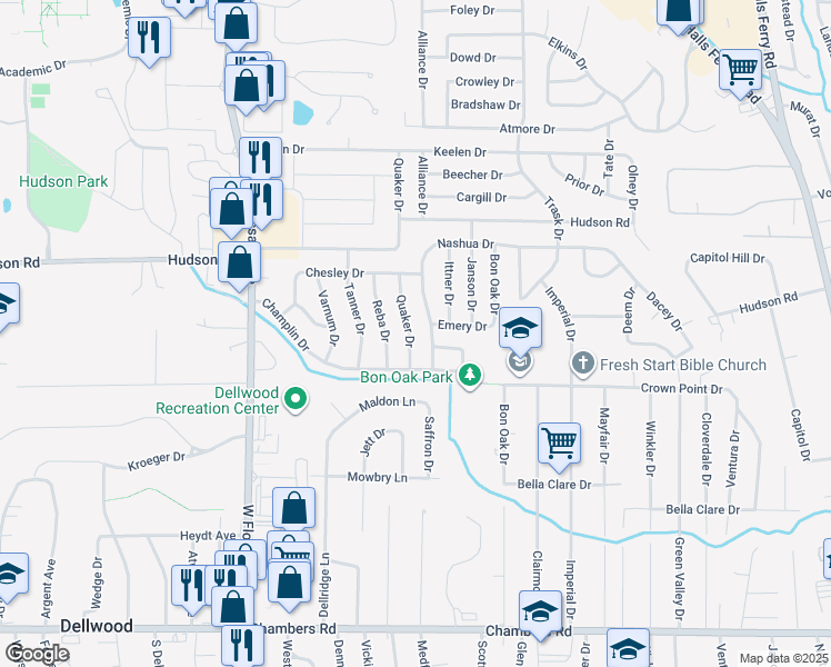 map of restaurants, bars, coffee shops, grocery stores, and more near 10222 Quaker Drive in St. Louis