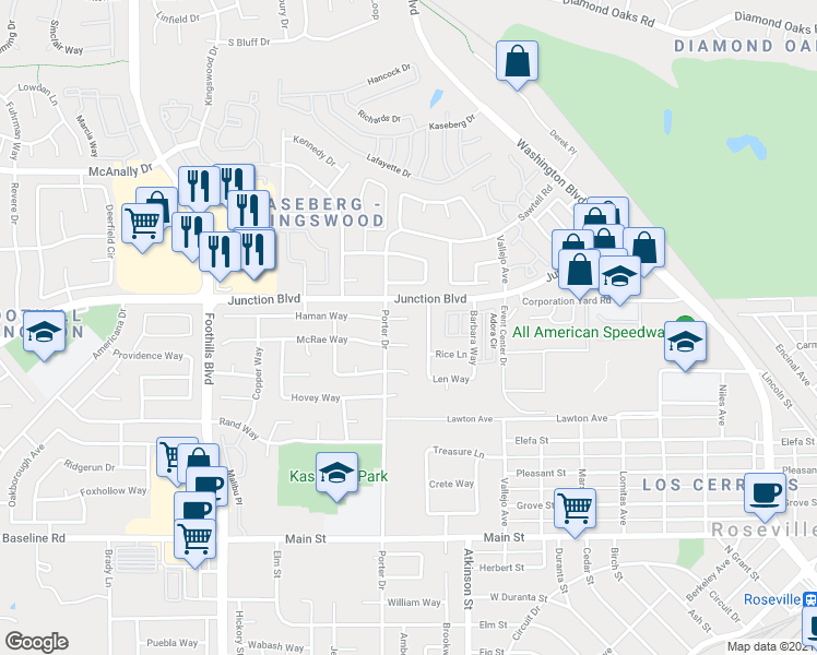 map of restaurants, bars, coffee shops, grocery stores, and more near 125 Haman Court in Roseville