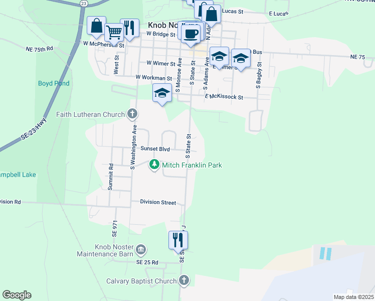 map of restaurants, bars, coffee shops, grocery stores, and more near 918-990 Southeast State Highway J in Knob Noster