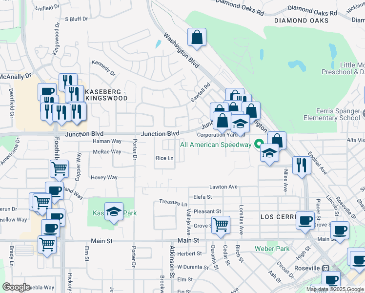 map of restaurants, bars, coffee shops, grocery stores, and more near 413 Adora Circle in Roseville