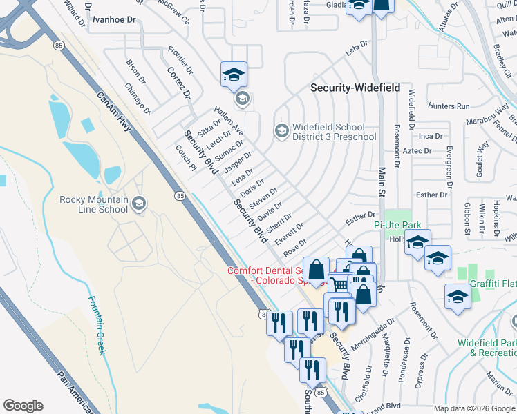 map of restaurants, bars, coffee shops, grocery stores, and more near 113 Steven Drive in Colorado Springs