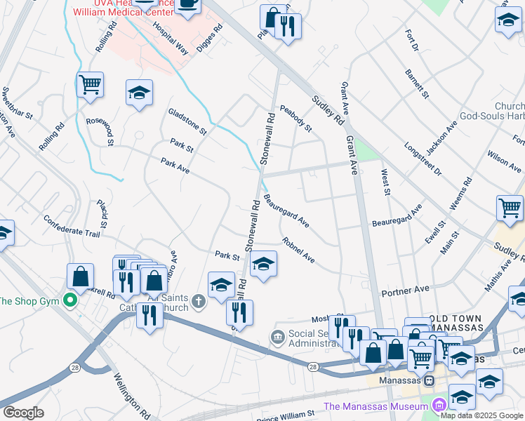 map of restaurants, bars, coffee shops, grocery stores, and more near 9109 Stonewall Road in Manassas