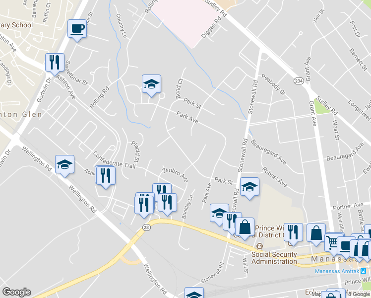 map of restaurants, bars, coffee shops, grocery stores, and more near 9612 Park Street in Manassas