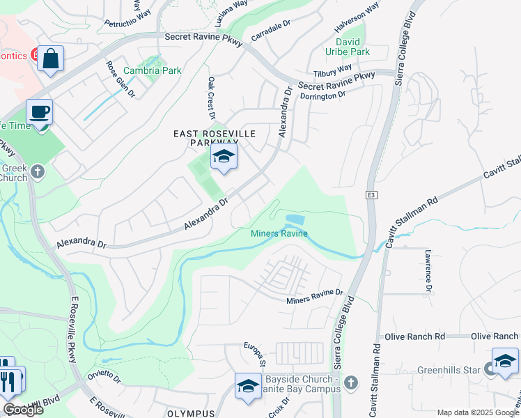 map of restaurants, bars, coffee shops, grocery stores, and more near 209 Grampian Court in Roseville