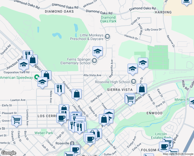 map of restaurants, bars, coffee shops, grocery stores, and more near 315 El Dorado Avenue in Roseville