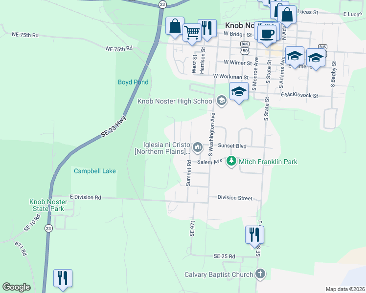 map of restaurants, bars, coffee shops, grocery stores, and more near 703 Sunset Boulevard in Knob Noster