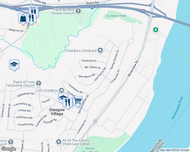 map of restaurants, bars, coffee shops, grocery stores, and more near 130 Ben Nevis Road in St. Louis