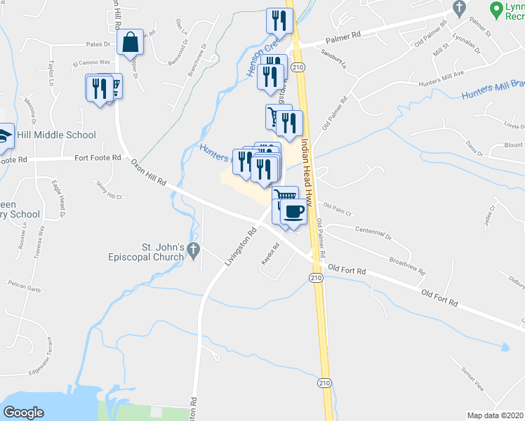 map of restaurants, bars, coffee shops, grocery stores, and more near 9515 Livingston Road in Fort Washington
