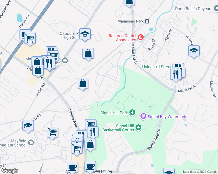 map of restaurants, bars, coffee shops, grocery stores, and more near 8181 Agnes Lane in Manassas