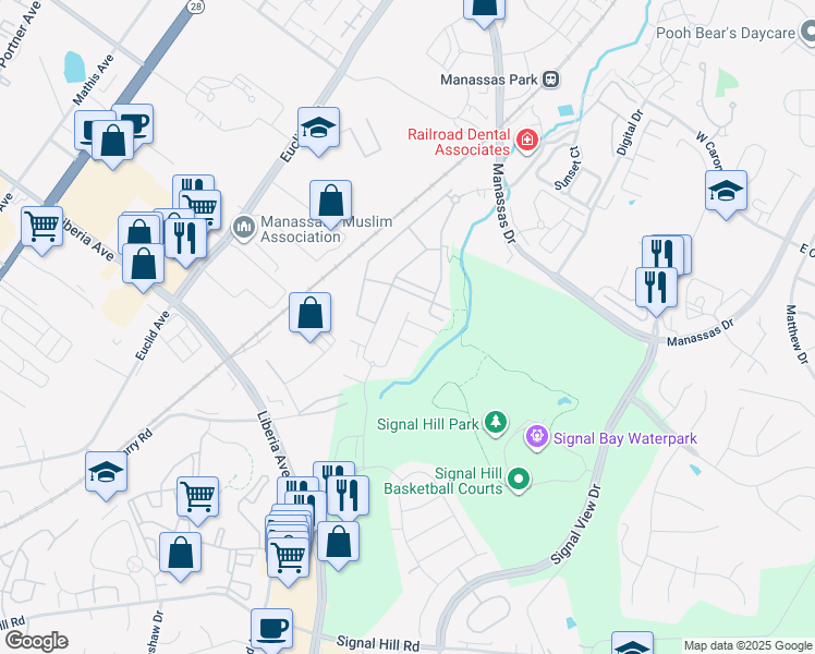 map of restaurants, bars, coffee shops, grocery stores, and more near 8181 Agnes Lane in Manassas