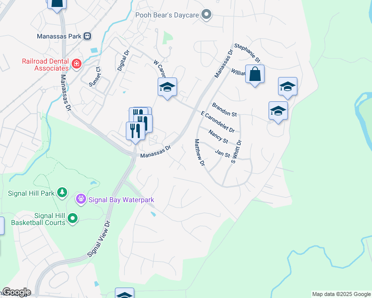 map of restaurants, bars, coffee shops, grocery stores, and more near 9310 Becky Court in Manassas Park
