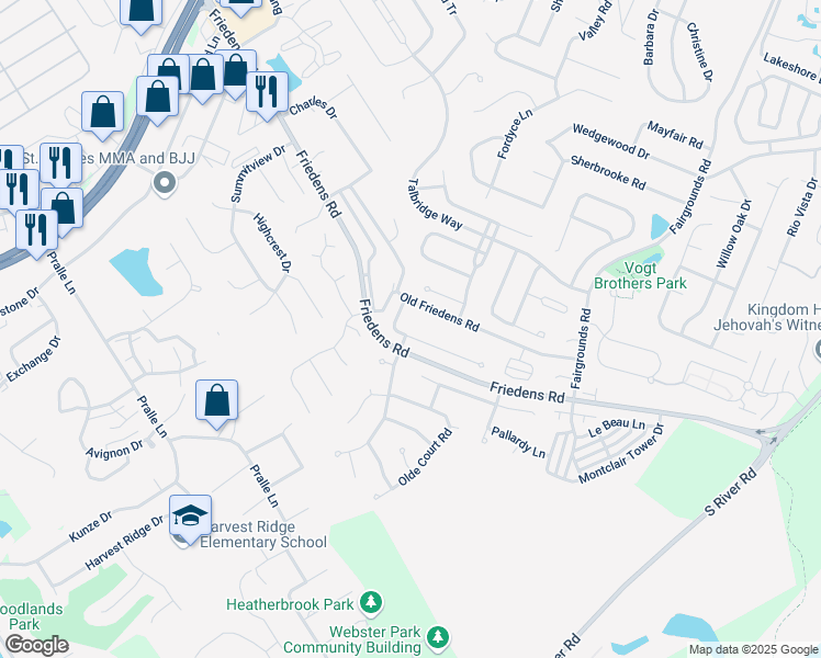 map of restaurants, bars, coffee shops, grocery stores, and more near 536 Fortress Court in St. Charles