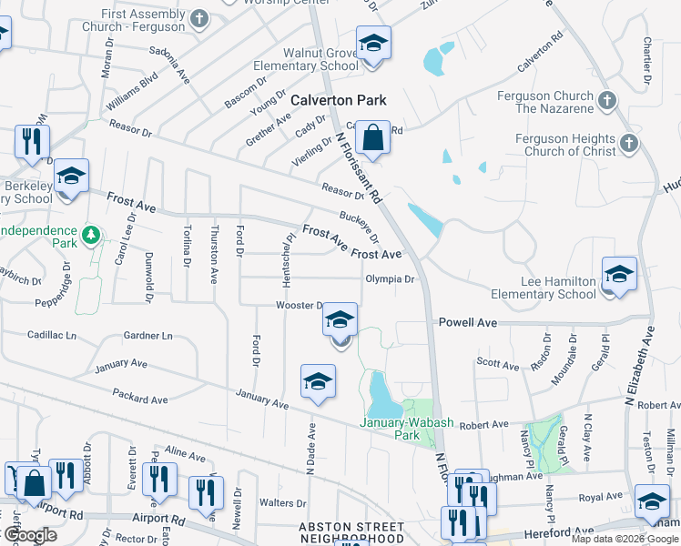 map of restaurants, bars, coffee shops, grocery stores, and more near 219 Olympia Drive in Ferguson