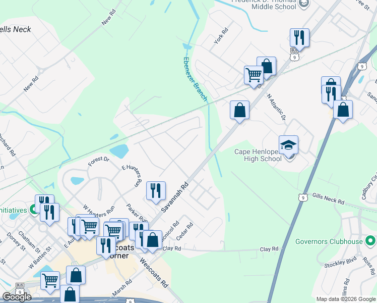 map of restaurants, bars, coffee shops, grocery stores, and more near 1403 Savannah Road in Lewes