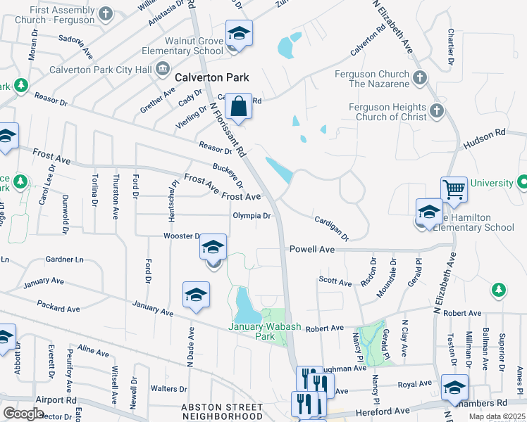map of restaurants, bars, coffee shops, grocery stores, and more near 15 Olympia Drive in Ferguson