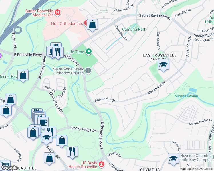 map of restaurants, bars, coffee shops, grocery stores, and more near 108 Lost Oak Court in Roseville