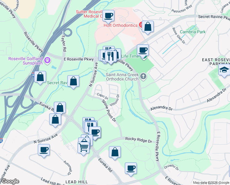 map of restaurants, bars, coffee shops, grocery stores, and more near 4097 Vittorio Drive in Roseville