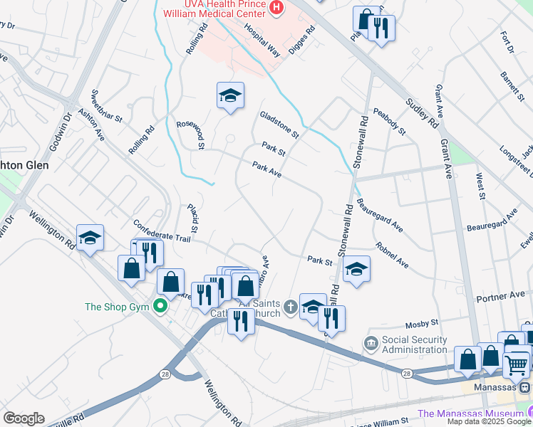 map of restaurants, bars, coffee shops, grocery stores, and more near 9612 Park Street in Manassas