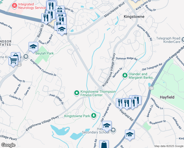 map of restaurants, bars, coffee shops, grocery stores, and more near 7309 Hayfield Road in Alexandria