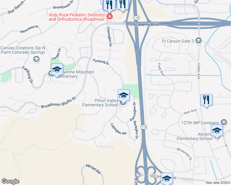 map of restaurants, bars, coffee shops, grocery stores, and more near 725 Sableglen Court in Colorado Springs