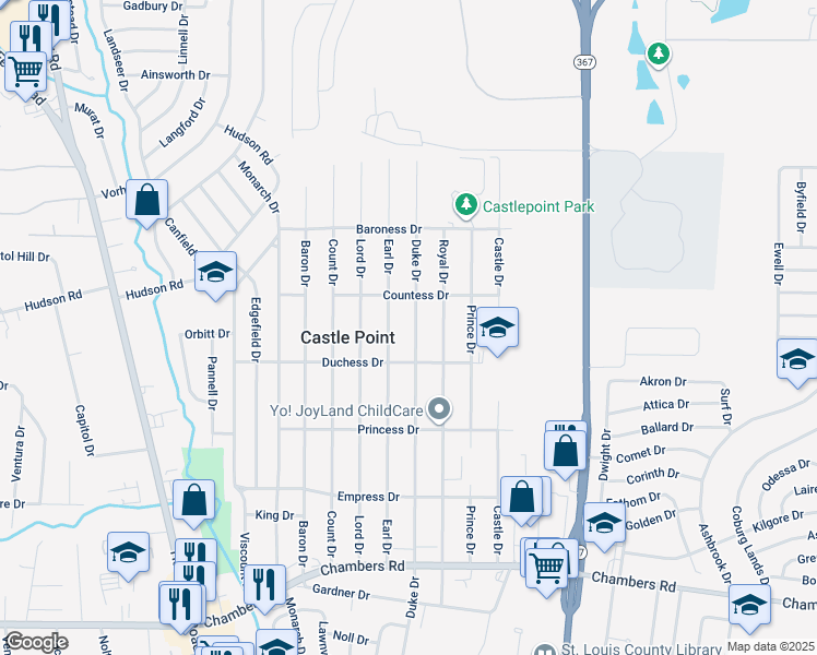 map of restaurants, bars, coffee shops, grocery stores, and more near 10329 Duke Drive in St. Louis