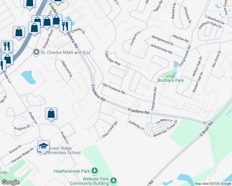 map of restaurants, bars, coffee shops, grocery stores, and more near 473 Old Friedens Road in Saint Charles