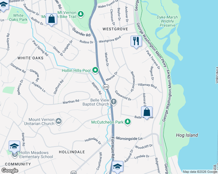 map of restaurants, bars, coffee shops, grocery stores, and more near 7305 Fort Hunt Road in Alexandria
